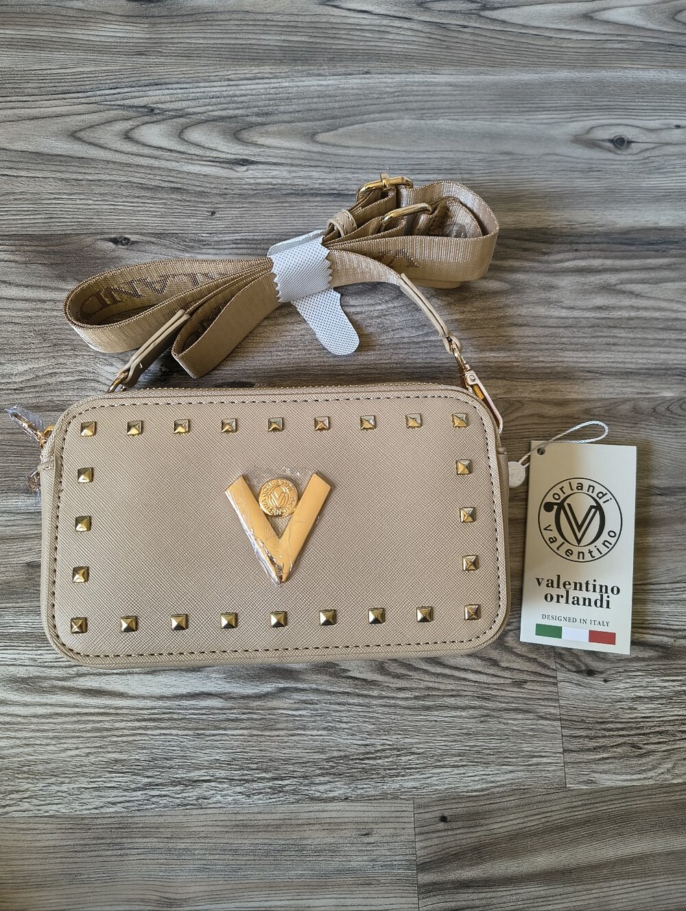 Valentino Orlandi Taupe Gold Studded Tamara Camera Bag